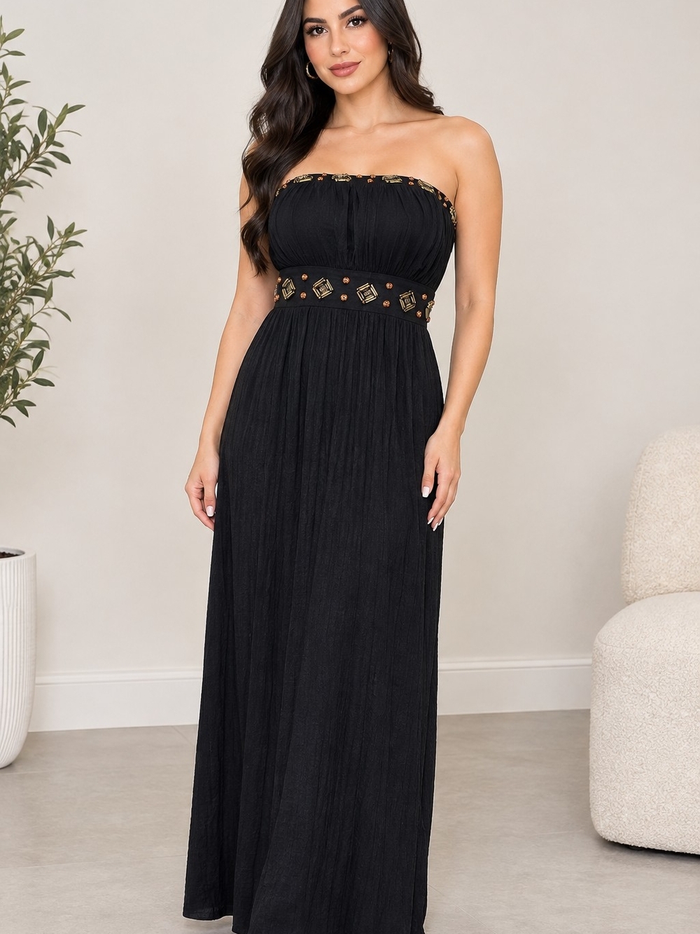 XOXO Black Strapless Maxi Dress with Gold Embellishment